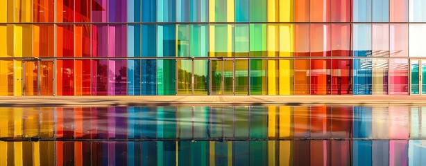 Colorful building facade with glass windows and a colorful reflection on the water surface. A colorful background of modern architecture