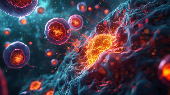 cell mutation, highlighting the differences between normal and mutated cells in a vibrant cellular landscape 