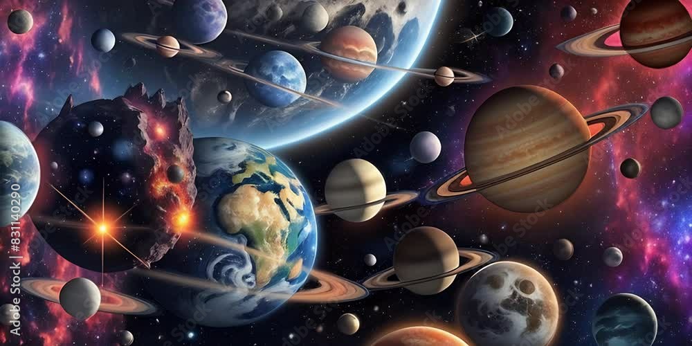 Poster Planets and stars in a colorful space scene. Cosmic and astronomy concept for design and print. Video animation