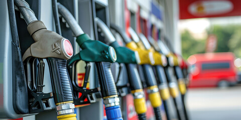Closeup fuel nozzle with blurred outdoor gas station background with copy space