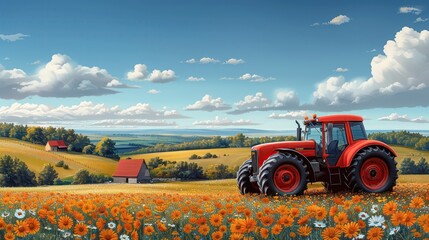 Agriculture, nature and farming. Summer. The red tractor pulls the plow behind it, field, trees and farm vector illustrations for poster, background. Poster. Vector art style, vector design procreate.