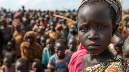 A close-up of a child amidst a large crowd, depicting the impact of conflict and displacement