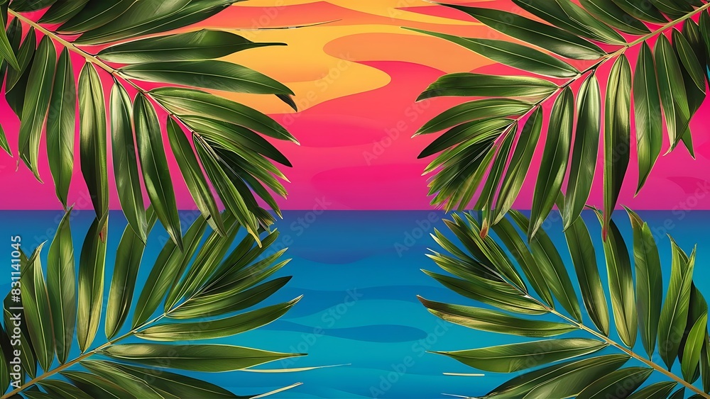 Wall mural Tropical palm leaves on color background