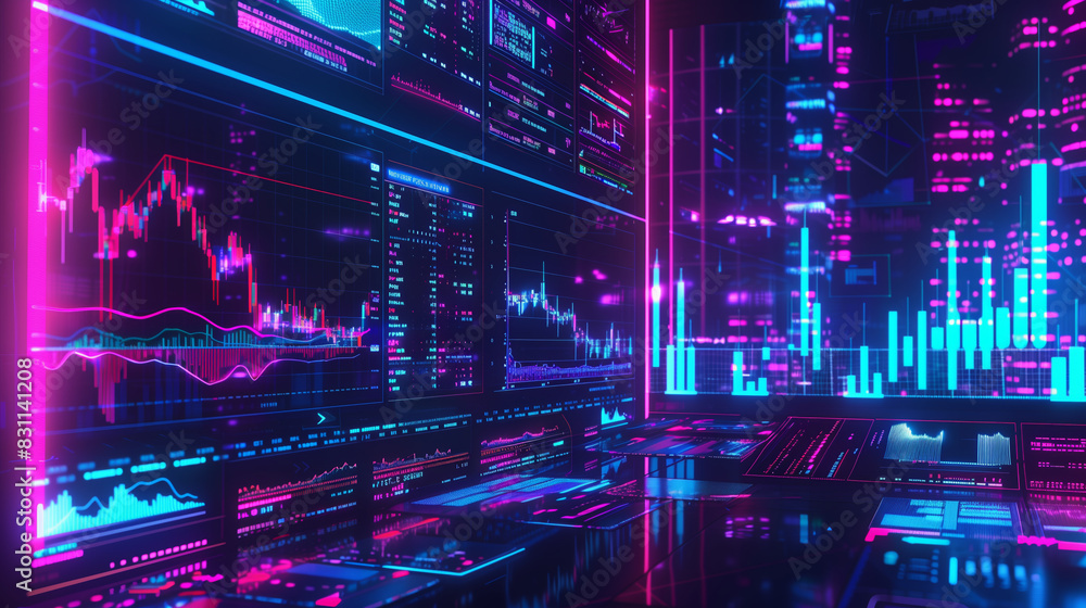 Poster neon-lit digital trading interface with charts and data visualizations