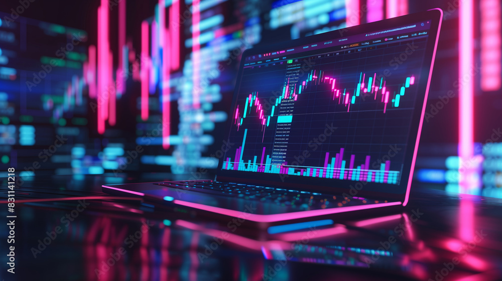 Aufkleber neon-lit laptop screen displaying trading charts and data in a futuristic setting