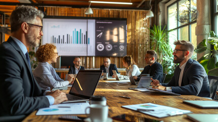 Business meeting in a modern conference room with professionals discussing data on screens