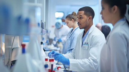 Medical professionals working diligently in a clinical laboratory setting, conducting research