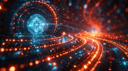 Detailed illustration of a qubit interacting with AI-driven data points, symbolizing the synergy between quantum physics and AI. Minimal and Simple style