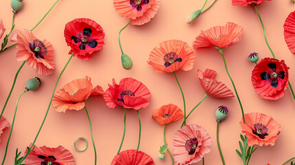Peach backdrop with crimson and coral poppies for a lively pattern in nature-inspired wallpapers,