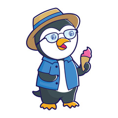 Penguin mascot ice cream logo, A penguin with a suitcase, wearing a Hawaiian shirt and sunglasses. The penguin can be holding an ice cream cone