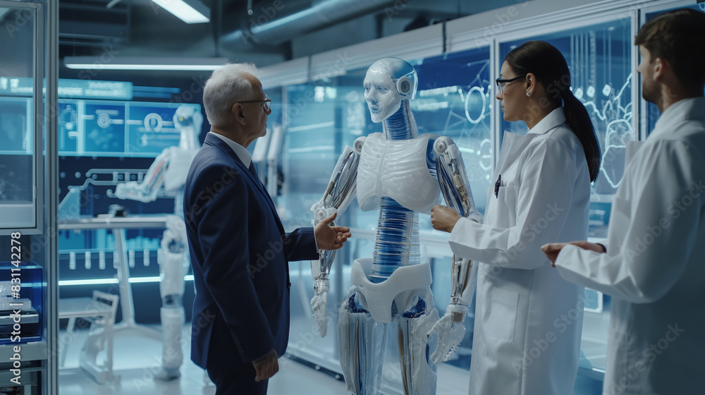 Poster engineers and businesspeople discussing new robot technology in a modern laboratory setting