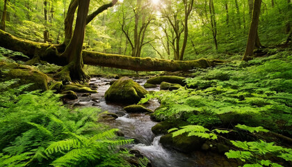 Fototapeta premium A stream flows gently through a dense green forest, surrounded by lush vegetation and towering trees