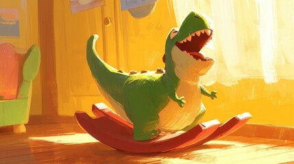 Obraz premium In this cartoon illustration a dinosaur cartoon happily frolics on a rocking toy when viewed from the rear
