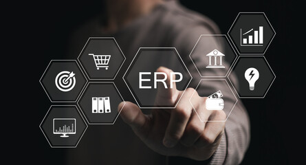 Business people using a laptop with document management for ERP. Enterprise resource planning concept,Enterprise Resource Management ERP software system for business resources plan presented..