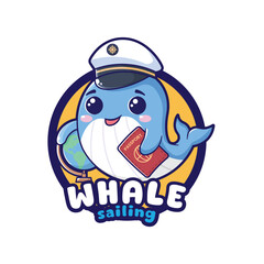 Whale mascot logo, A small, adorable whale with a sailor's hat, holding a tiny globe in one fin and a passport in the other