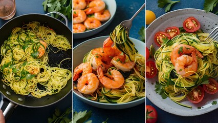 A delightful series of 3D renderings detailing the preparation of a gluten-free, low-calorie Baked Zucchini Spaghetti with Shrimp.