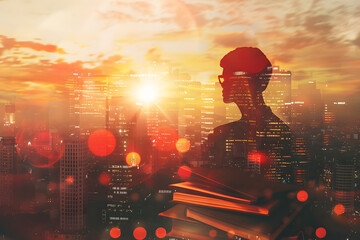 thoughtful teacher with books, watching city panorama. double exposure, educational city background. space for your learning message. wide, sunset light. generative ai