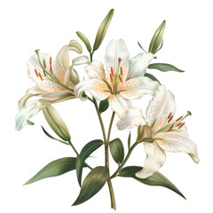 Elegant blooming lilies with buds on white background