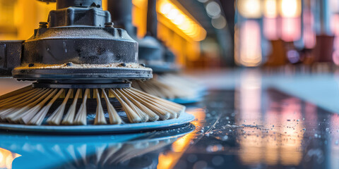 Polishing hard floor with high speed polishing machine with round brushes in the office building, copy space