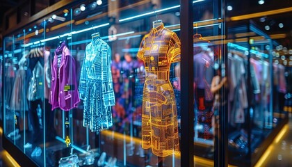 Create an image showcasing AR in the fashion industry, allowing virtual fitting of clothes