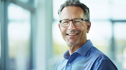 Obraz premium Portrait of confident businessman in business casual Happy middle aged mid adult mature age man smiling Entrepreneur in modern office : Generative AI