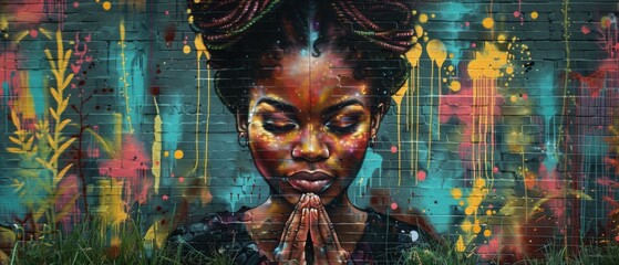 Bold Graffiti-Style Mural of a Black Woman Praying in a Tranquil Garden

