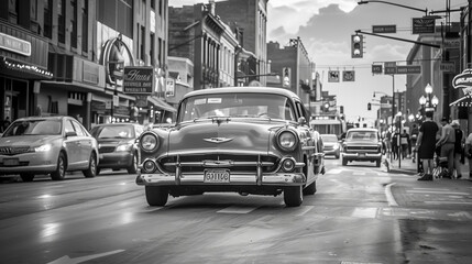 A black and white photograph of a busy street filled with classic cars and pedestrians, capturing the hustle and bustle of a retro urban scene