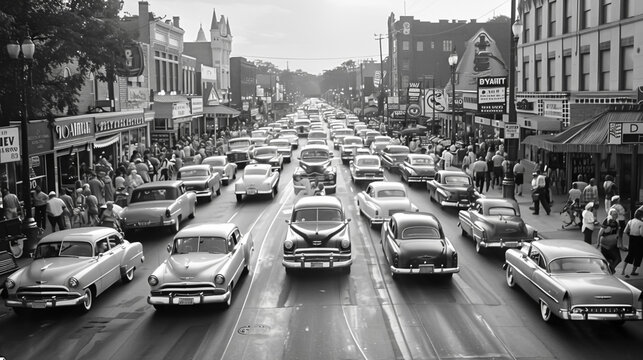 Fototapeta A black and white photograph of a busy street filled with classic cars and pedestrians, capturing the hustle and bustle of a retro urban scene
