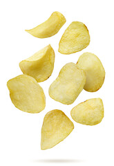 Potato chips falling on a white background. Isolated