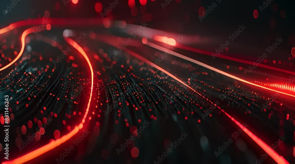 Poster Abstract flowing orange and blue light trails with particles on a dark background. Futuristic technology and data visualization concept for design and print. Video animation