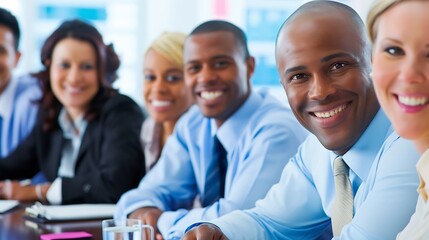 Fototapeta premium Group of diverse business people sitting in a boardroom smiling and paying attention as they hear a presentation Successful professionals having a meeting and working as a team in an o : Generative AI