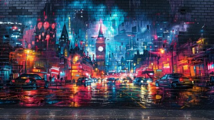 Bold Graffiti-Style Mural of Bustling Cityscape at Twilight

