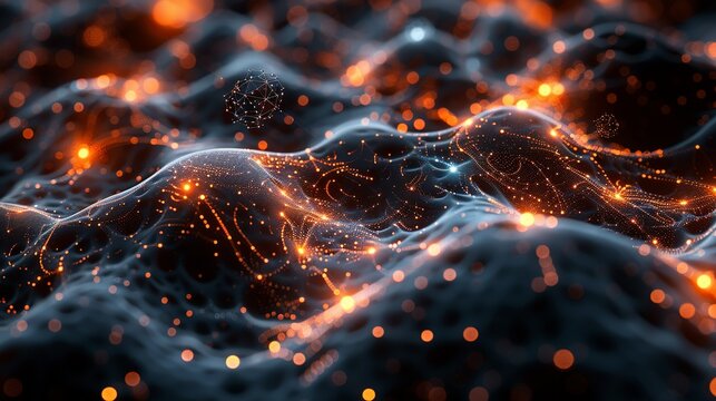 Atomic-level depiction of a neural network with quantum wavefunctions interweaving, highlighting their combined capabilities. Minimal and Simple style