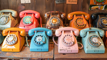 A collection of colorful retro telephones arranged on a wooden table, showcasing design styles from...