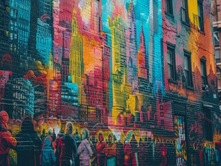 Obraz premium Bold Graffiti-Style Mural of Lively Street Scene with Diverse Prayer Gathering