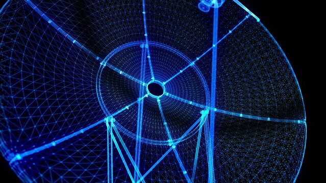 Dish parabolic satellite Antenna space radar from 3d polygonal lines and dots. Digital visualization 3d technology.