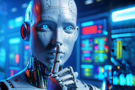 Artificial intelligence ai robot finger lips keep silence secret shut up hush