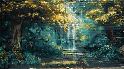 Bold Graffiti-Style Mural of Serene Forest with Hidden Waterfall

