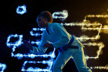 Brazilian girl Jujutsu fighter is ready for the Jiu Jitsu wrestling competition. Brazilian sport ju-jitsu. Mixed martial arts.