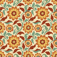  Elegant vintage inspired seamless floral pattern with vibrant colors on a neutral background