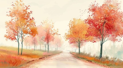 Pastel background of a quiet country road lined with colorful autumn trees.