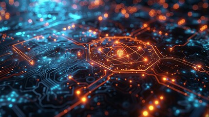 Obraz premium Atomic-level depiction of a quantum circuit with AI-driven data streams, illustrating their seamless combination. Minimal and Simple style