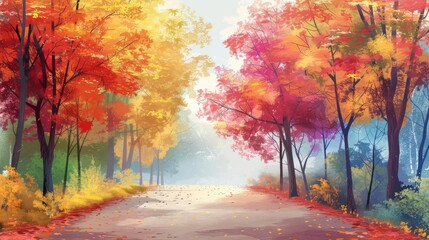 Pastel background of a quiet country road lined with colorful autumn trees.