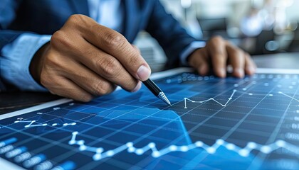 A man is writing on a blue graph with a pen by AI generated image