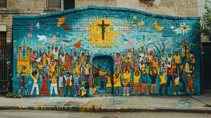 Bold Graffiti-Style Mural of Vibrant Sunday Service Outside City Church

