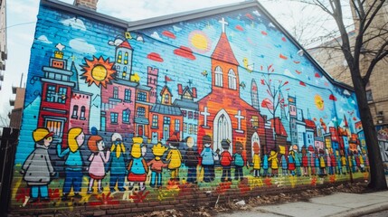 Obraz premium Bold Graffiti-Style Mural of Vibrant Sunday Service Outside City Church