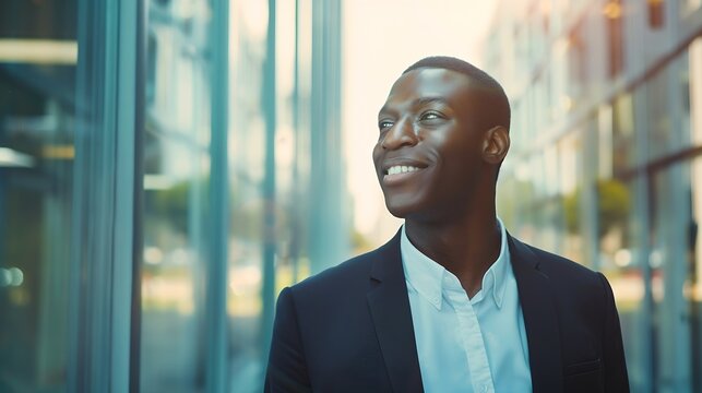 Young african american entrepreneur man leaving business center building after work looking away and smiling copy space Business people and successful career concept : Generative AI