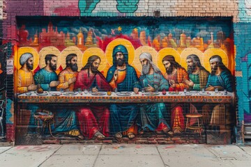 Naklejka premium Bold Graffiti-Style Mural of Urban Last Supper with Diverse Disciples