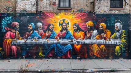 Bold Graffiti-Style Mural of Urban Last Supper with Diverse Disciples  