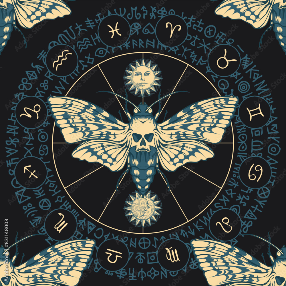 Poster vector seamless pattern with death's head butterfly on the background of the zodiac circle with sun 